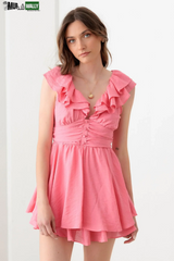 Doll Pink Ruffle Detail Front Button Romper Mini Dress