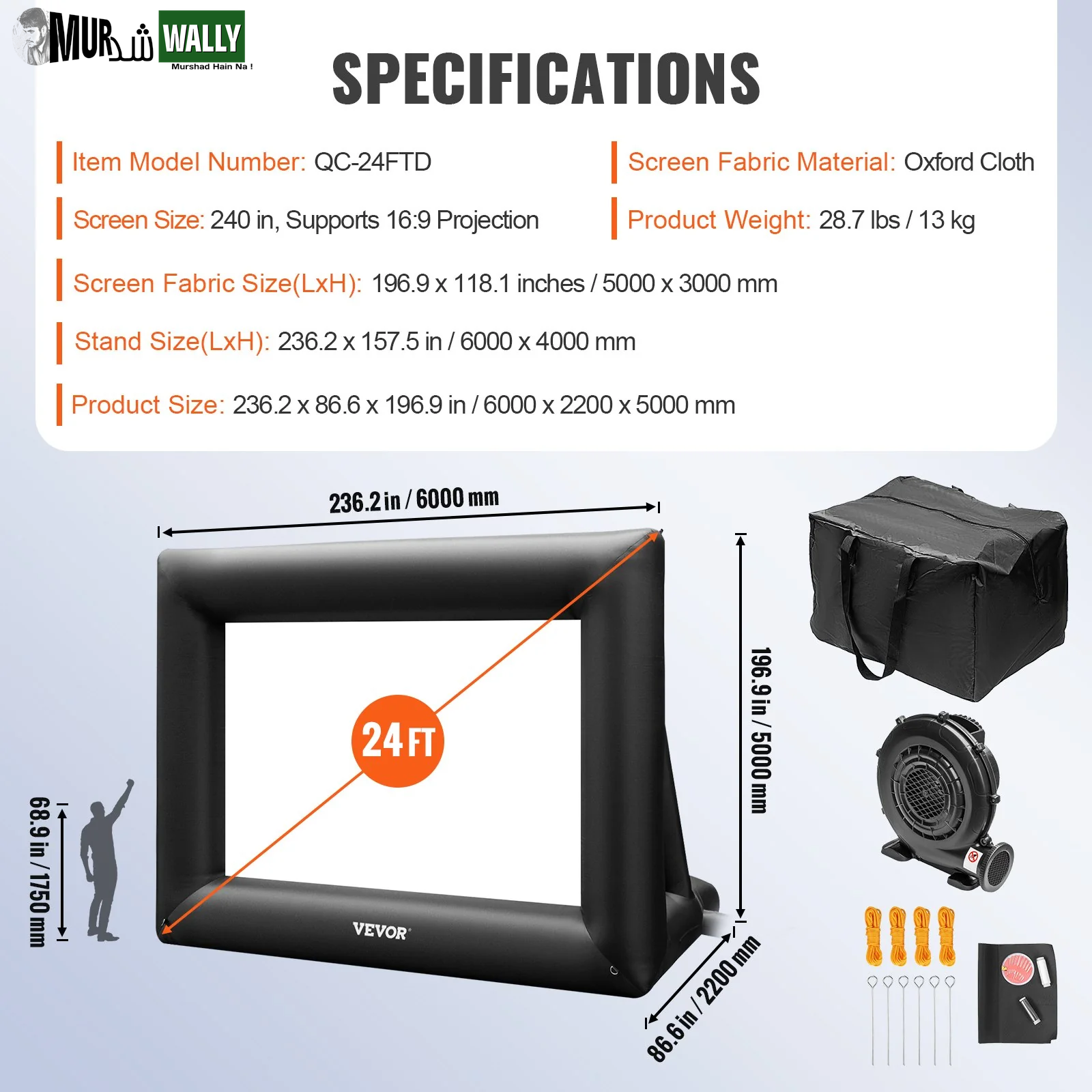 VEVOR Inflatable Movie Screen 24Ft£¨288Inch£© Inflatable Projector Screen for outside with 360W Air Blower Inflatable Screen Oxford Fabric Material Blow up Screen for Outdoor Movie Supports Front/Rear Projection