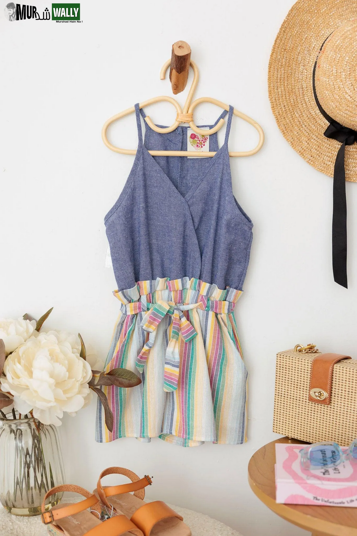 Girls Blue Multi Color Wrap Front Tie Sleeveless Romper