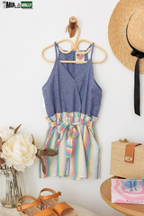 Girls Blue Multi Color Wrap Front Tie Sleeveless Romper