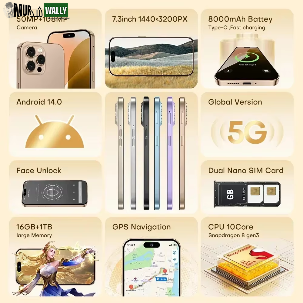 2025 Original 16G+1TB Smartphone 7.3 in Case for I16 Promax Full Screen 4G 5G Cell Phone 8000Mah Mobile Phones Global Version