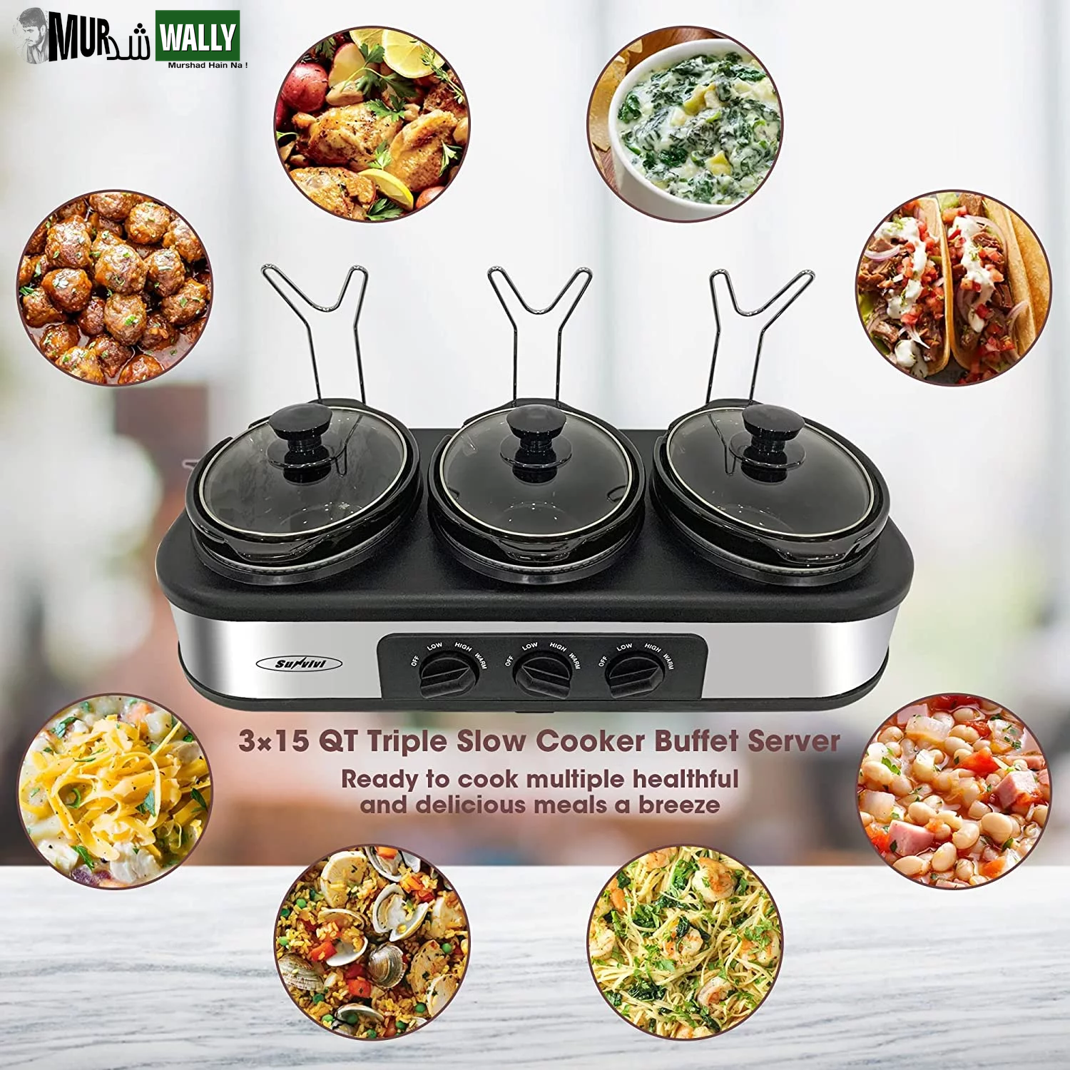 Triple Slow Cooker, 3X1.5 Quart Electric Slow Cooker Buffet Server, Food Warmer Cooking Pot, Adjustable Temp Removable Ceramic Pots Lid Rests