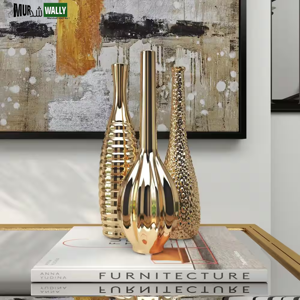 3 In., 12 In. Silver Slim Textured Bottleneck Ceramic Decorative Vase with Varying Patterns (Set of 3)
