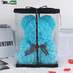 Blue Artificial Rose Flowers Bear 10 Inch Wedding Party Decoration Gift Box