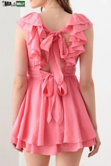 Doll Pink Ruffle Detail Front Button Romper Mini Dress