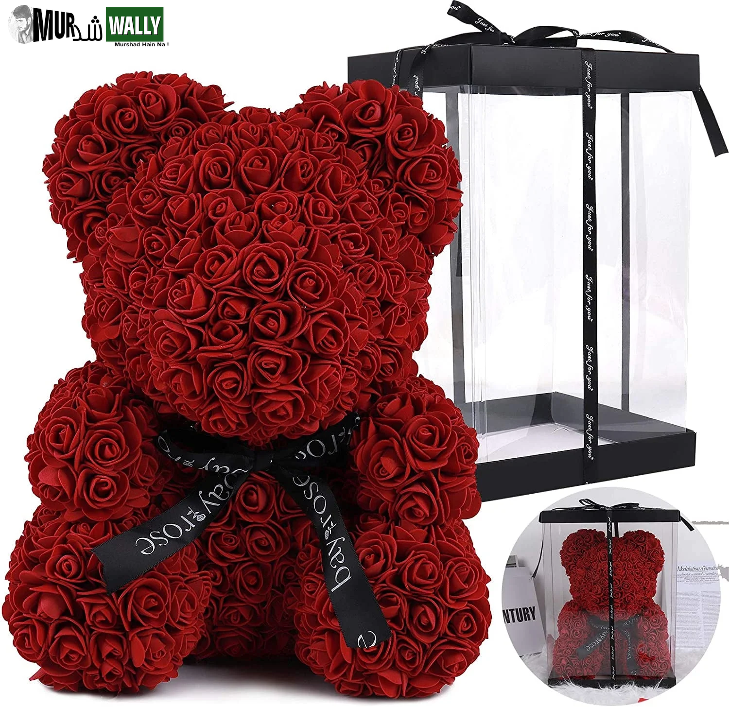 Blue Artificial Rose Flowers Bear 10 Inch Wedding Party Decoration Gift Box