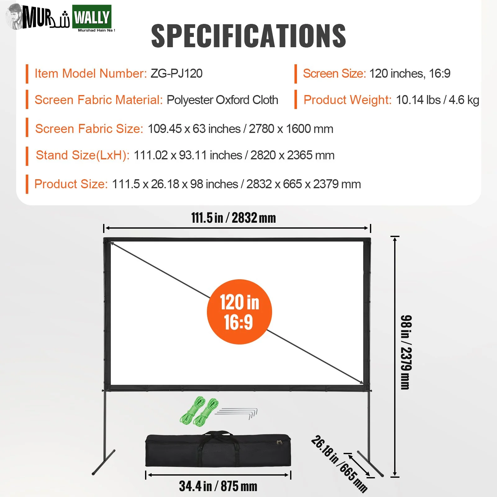 VEVOR Projector Screen with Stand, 120 Inch 16:9 4K 1080 HD Outdoor Movie Screen with Stand, Wrinkle-Free Projection Screen with Bar Feet and Carry Bag, for Home Theater Cinema Backyard Movie Night