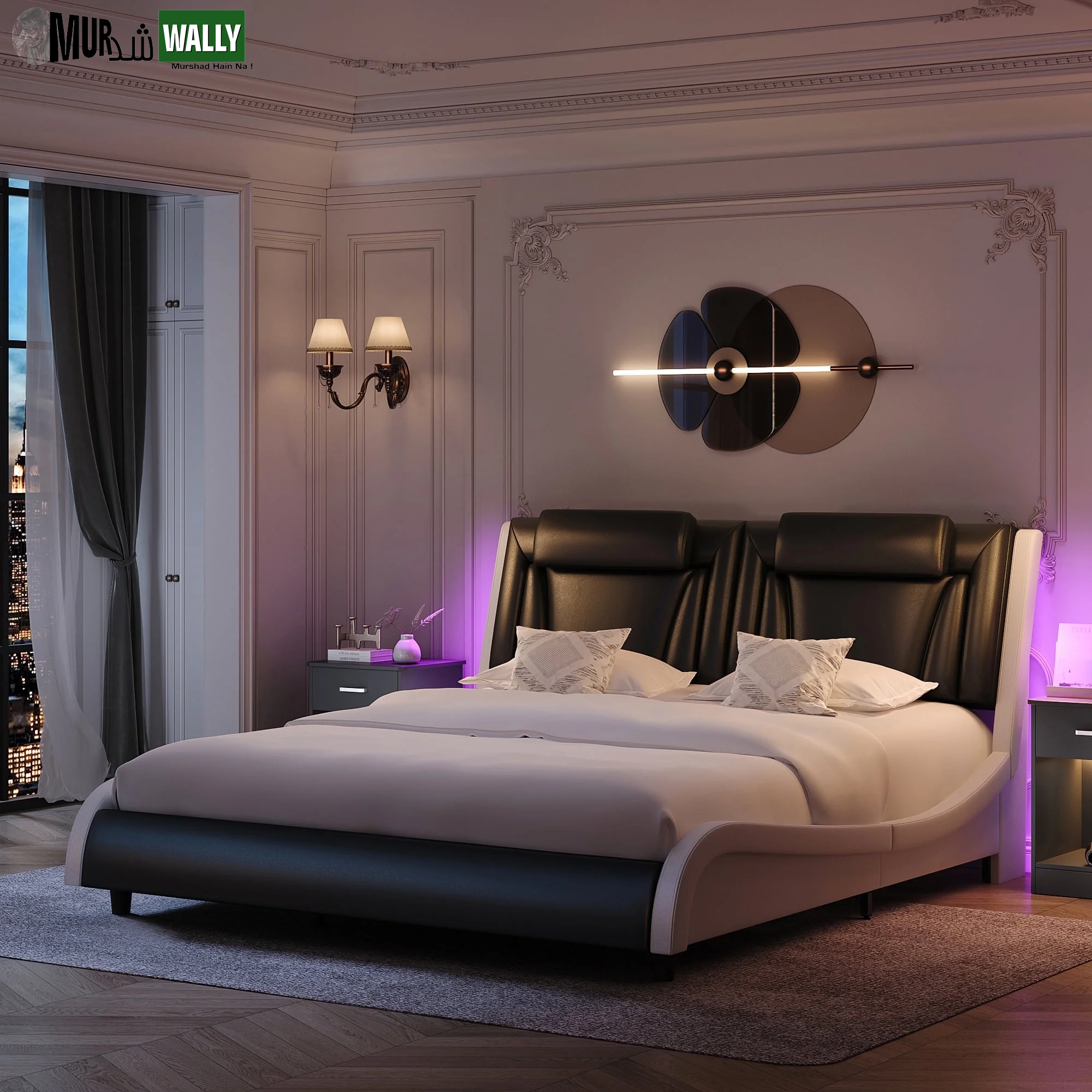 King Size LED Bed Frame, PU Leather Upholstered Curved Platform Bed Frame with Adjustable Headboard, Black