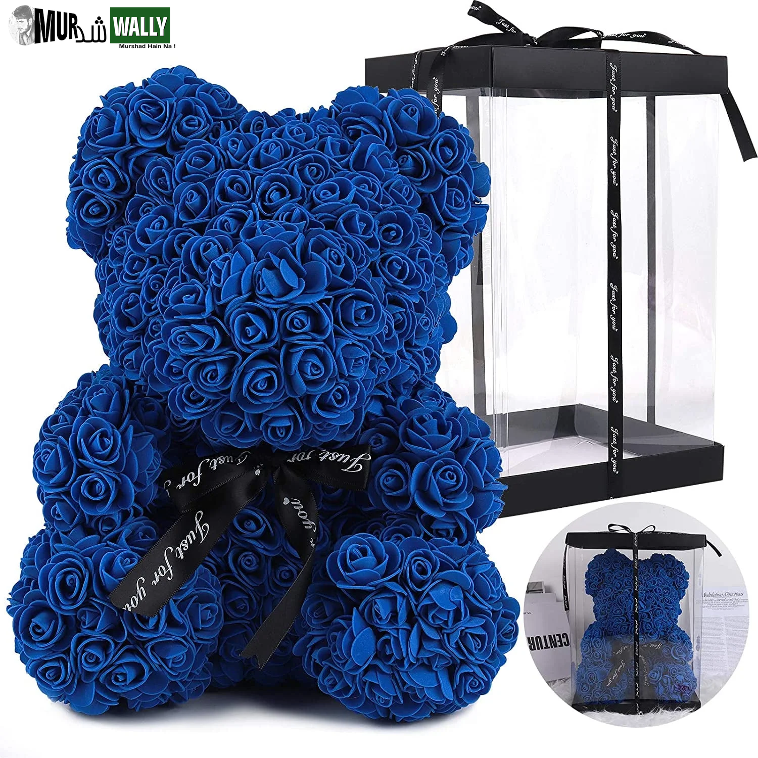Blue Artificial Rose Flowers Bear 10 Inch Wedding Party Decoration Gift Box