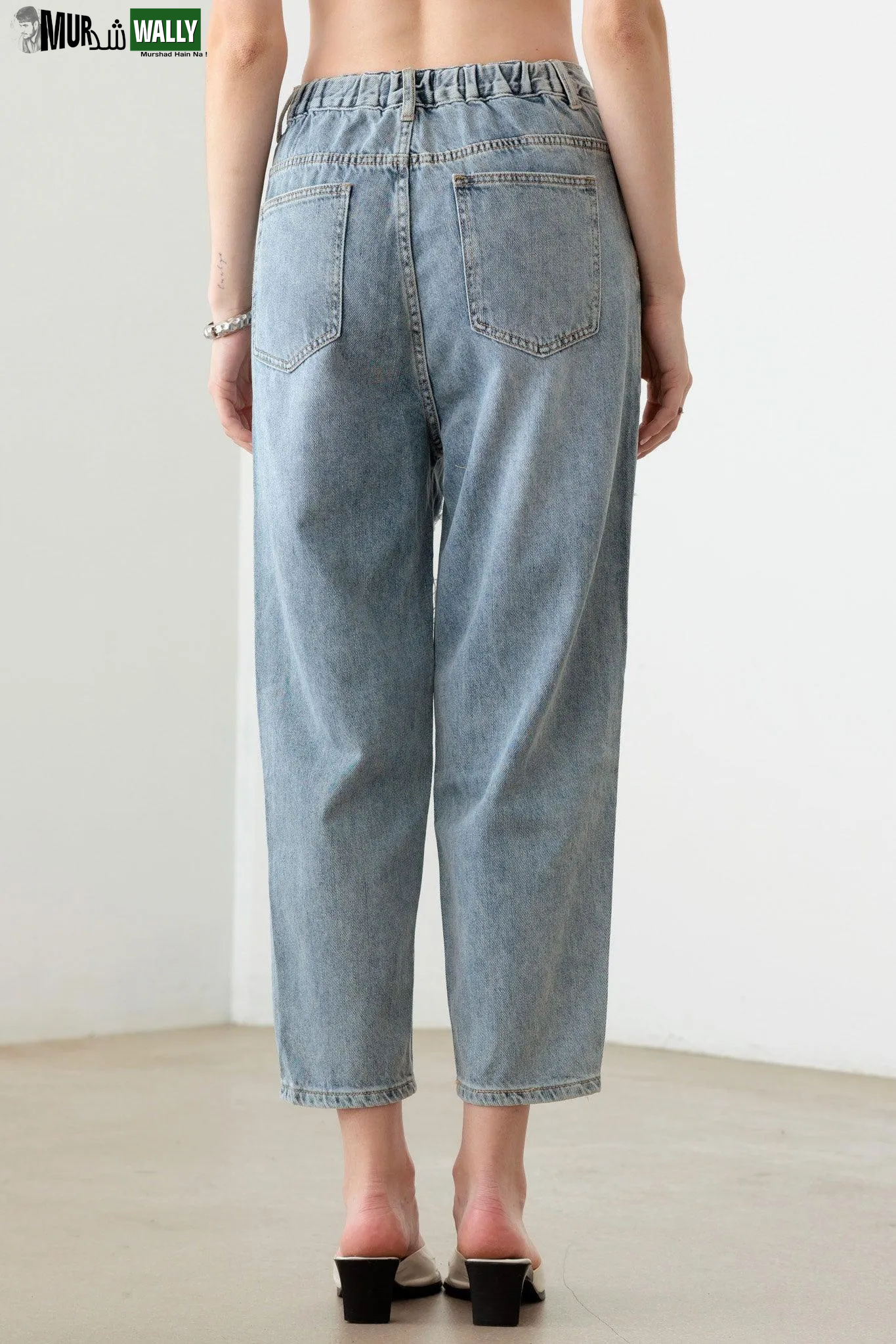 Light Blue Wash Barrel Leg High Waist Distressed Jeans