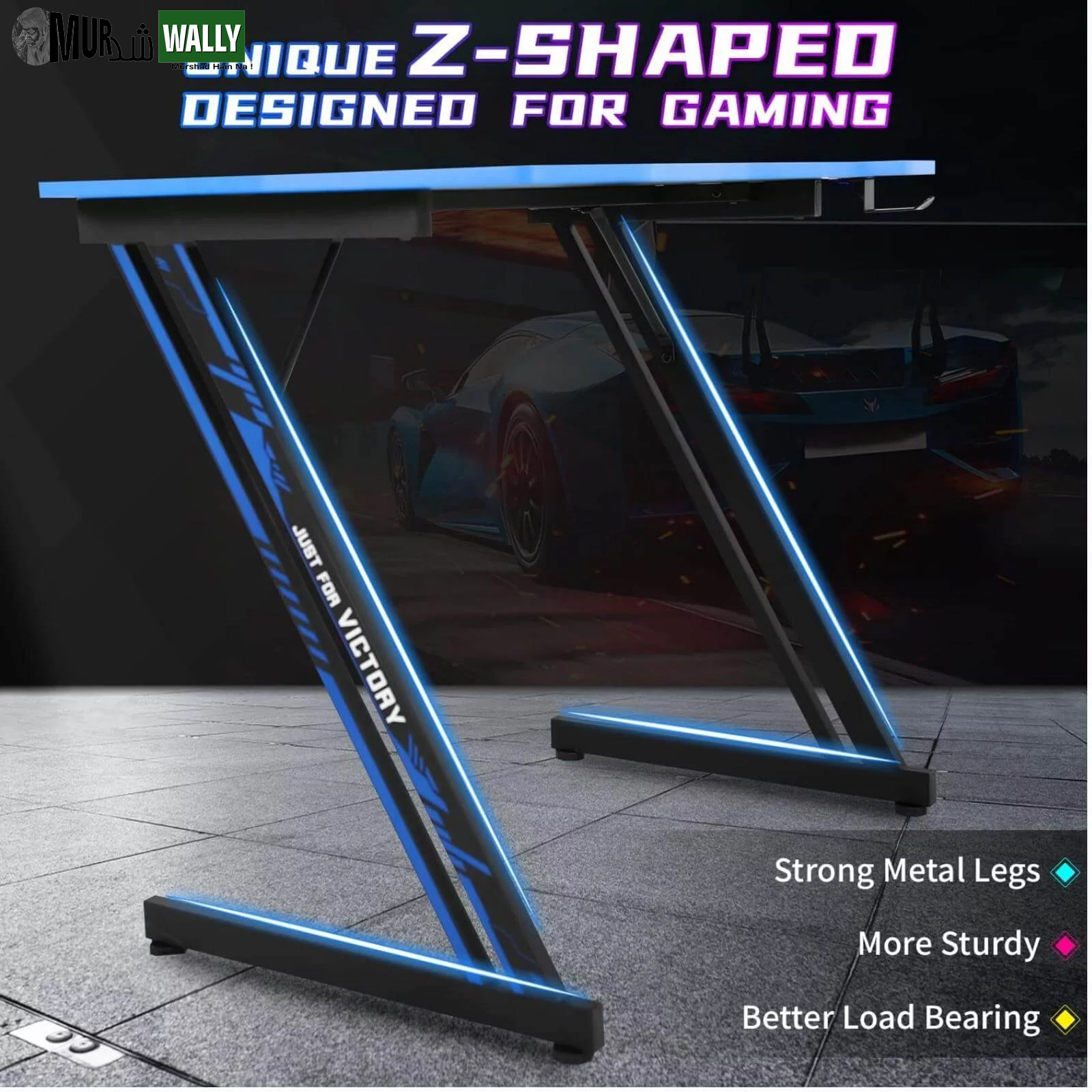 47 Inch Z-Shaped Gaming Desk, PC Computer Table Home Office Desk Ergonomic Gamer Workstation with Headphone Hook, Blue