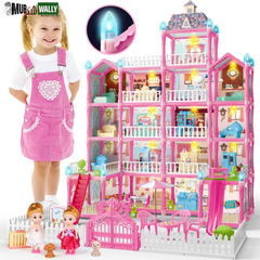 Doll House for Girls, 5-Story 19 Rooms Huge Dollhouse Playset with LED Lights, 2 Dolls, Furnitures, Accessories, DIY Pretend Play House Toys Gifts for Kids, Pink