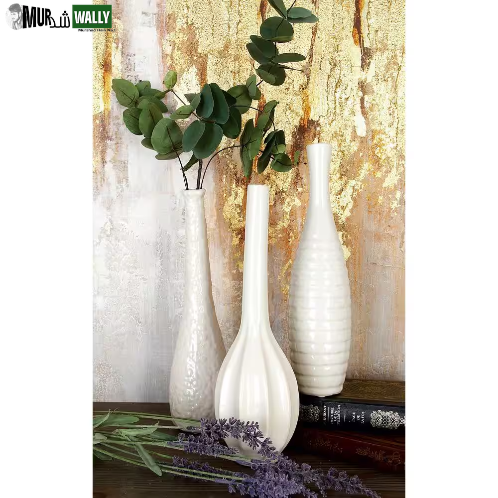 3 In., 12 In. Silver Slim Textured Bottleneck Ceramic Decorative Vase with Varying Patterns (Set of 3)