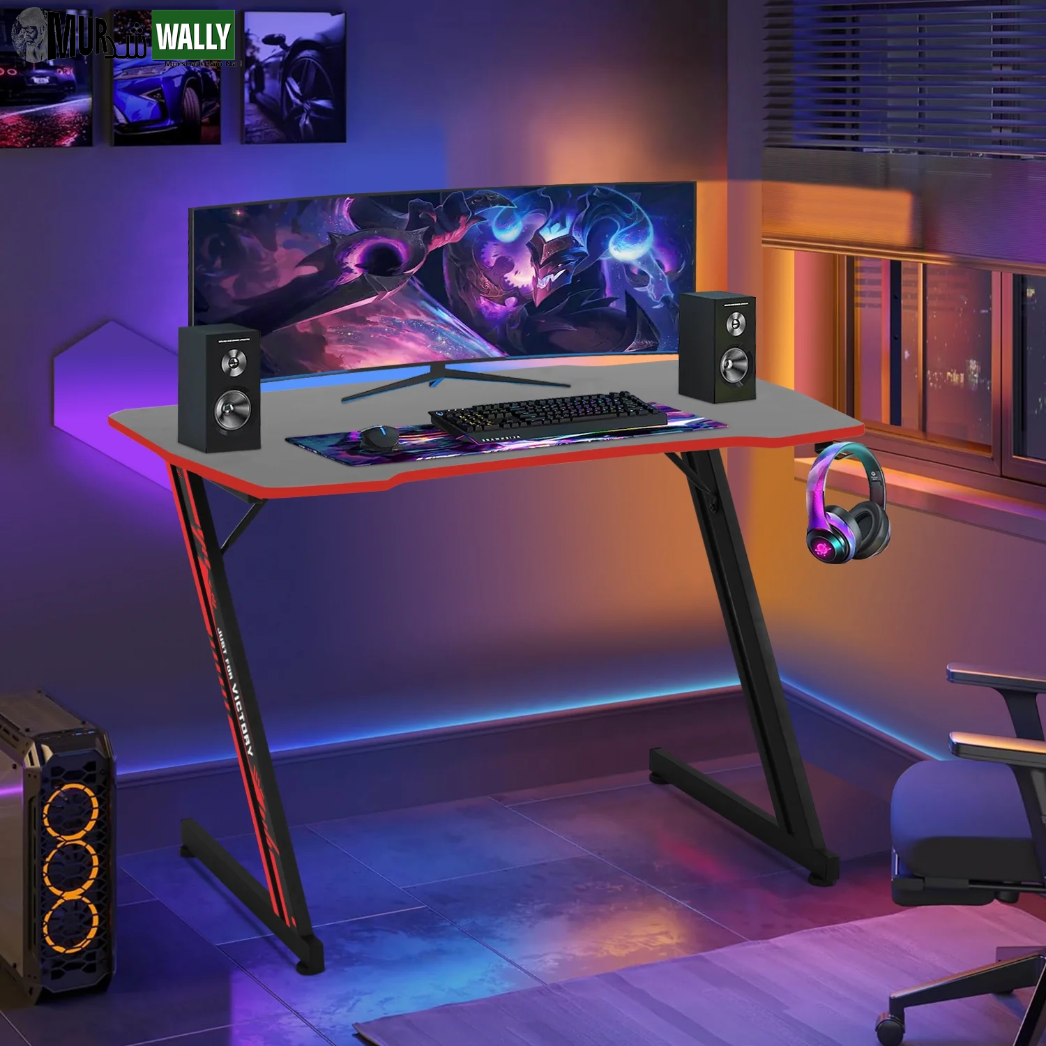 47 Inch Z-Shaped Gaming Desk, PC Computer Table Home Office Desk Ergonomic Gamer Workstation with Headphone Hook, Blue