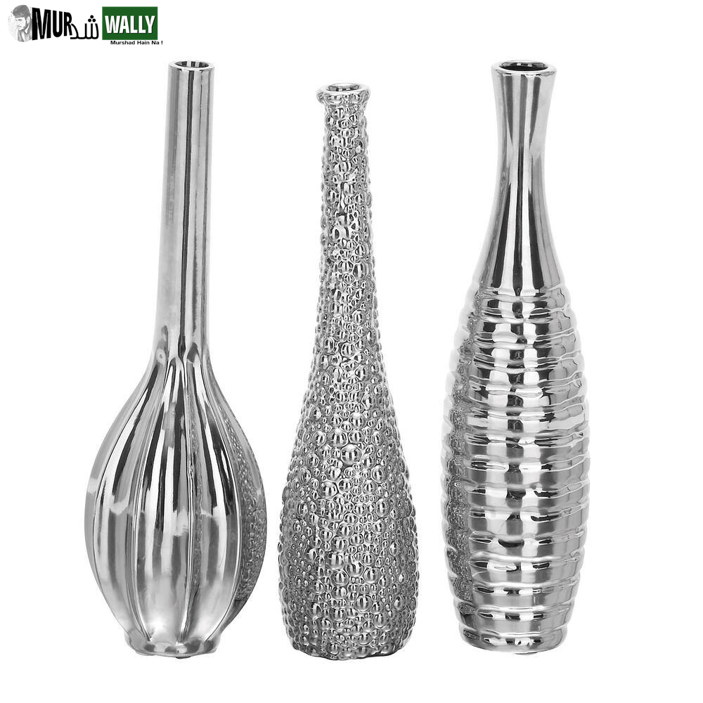 3 In., 12 In. Silver Slim Textured Bottleneck Ceramic Decorative Vase with Varying Patterns (Set of 3)