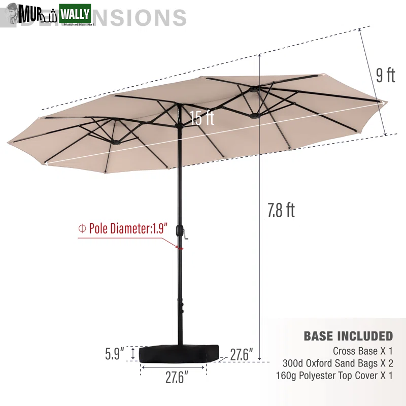 Nyasia 15 Ft X 9 Ft Rectangular Market Umbrella with Base