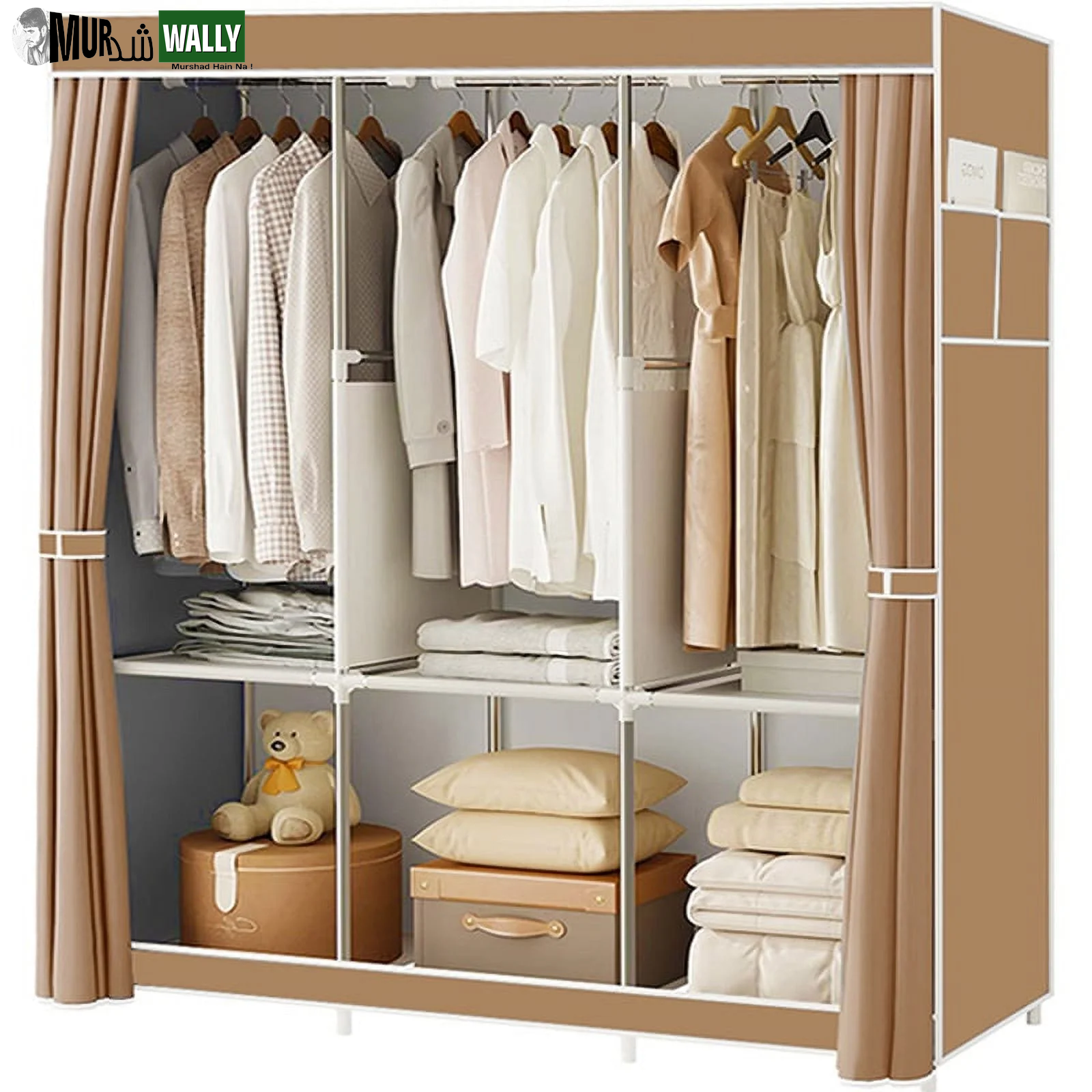 Portable Closet,Portable Wardrobe Closet Storage with 3 Hanging Rods,6 Storage Shelves,Side Pocket for Clothes Storage Organizer,Gray