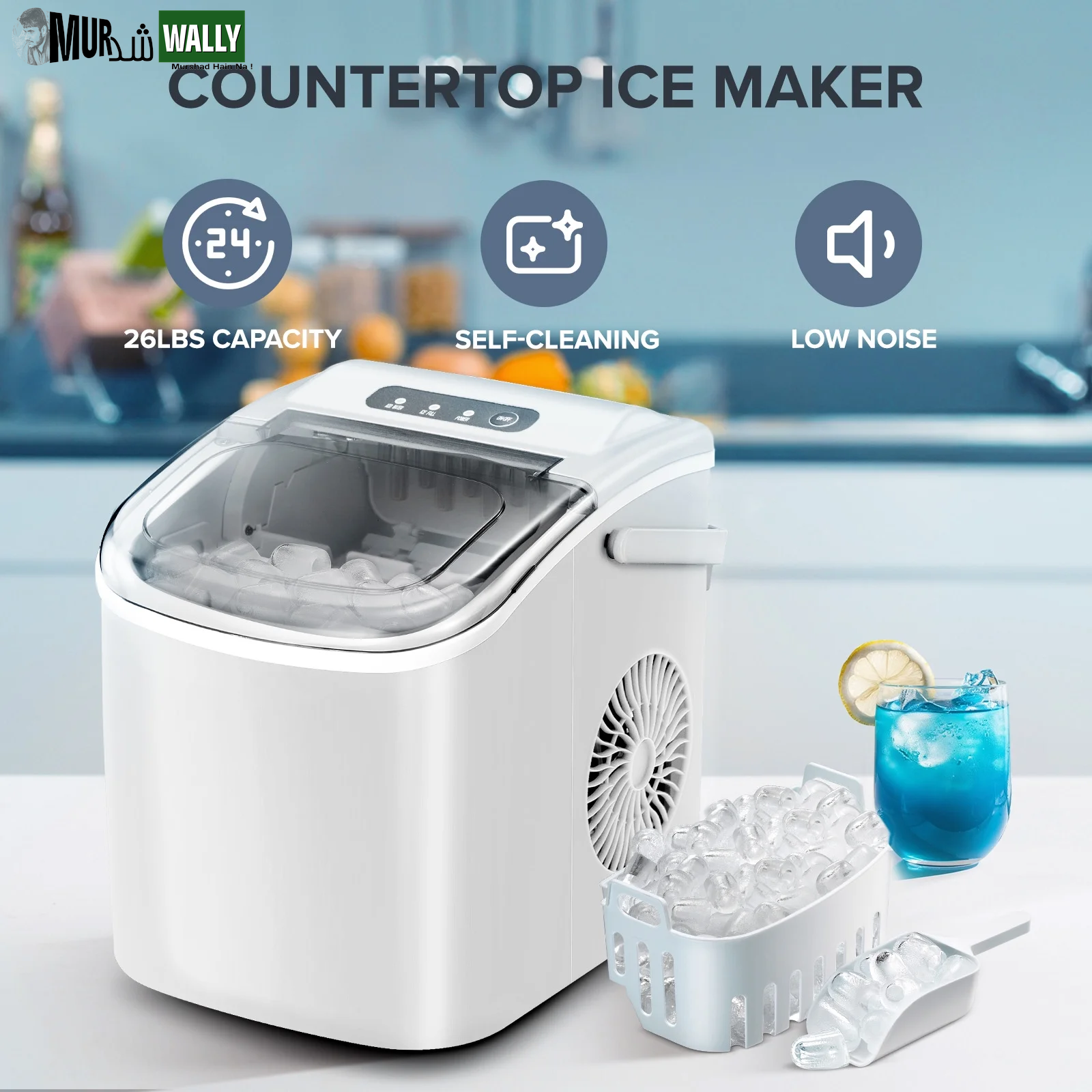 26 Lbs/24H Countertop Ice Maker Machine, 9 Bullet-Shaped Ice in 6 Min, Auto-Cleaning, White