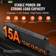 VEVOR 19 1U PDU 12 Outlets Rack Mount Power Strip Surge Overload Protection
