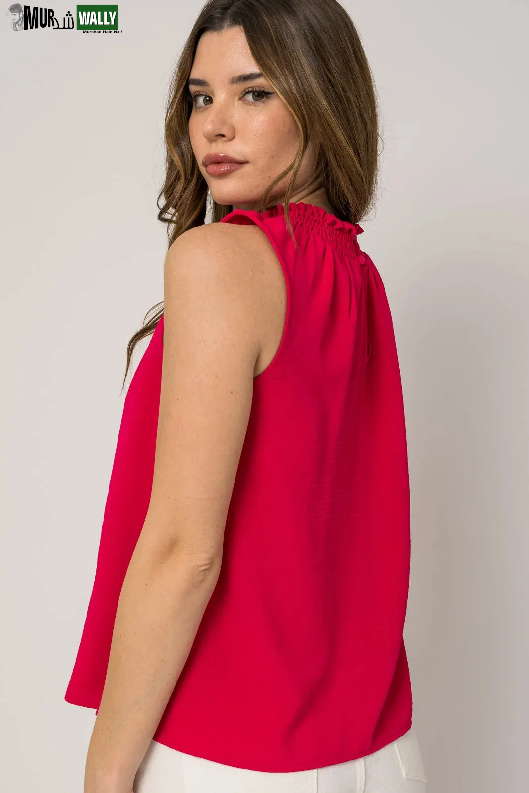 Sleeveless Smocking Neck Flowy Top