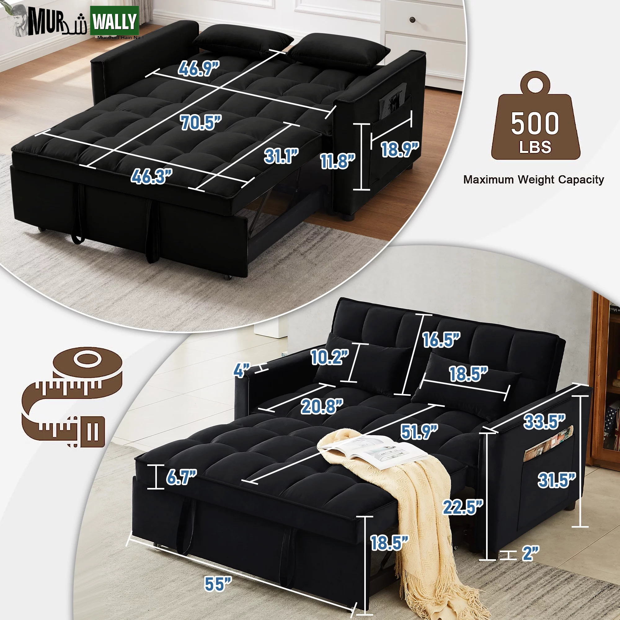 Loveseat Convertible Sleeper Sofa Bed, Black