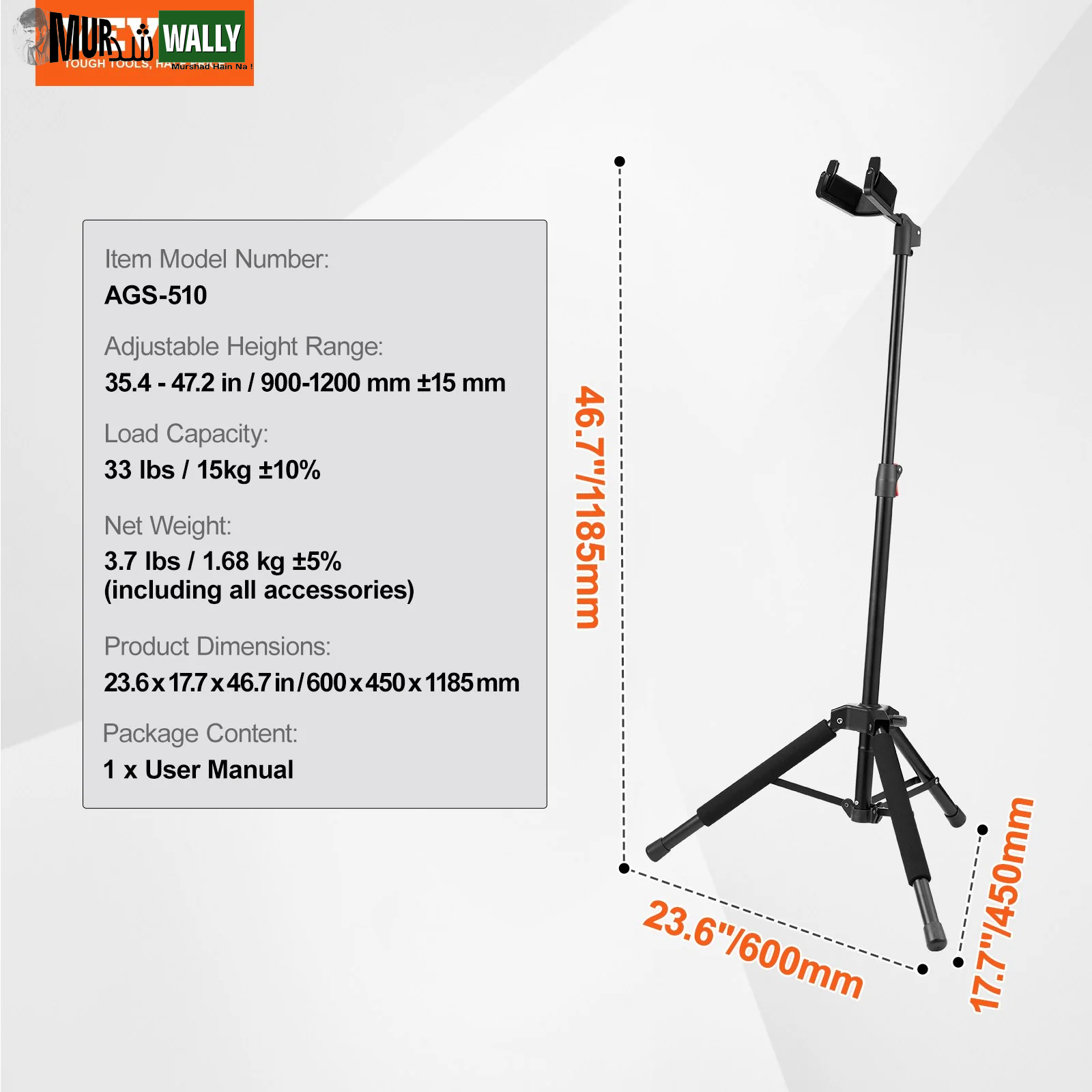 VEVOR Tripod Guitar Stand Floor-Standing Foldable 35.4-47.2 in Adjustable Height