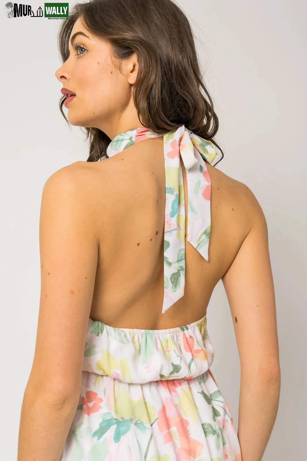 Sleeveless Halter Neck Shirring Floral Print Mini Dress