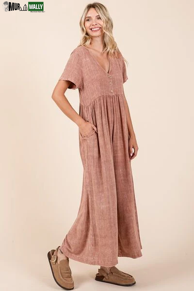 Mittoshop Mineral Wash Jumpsuit - Short Sleeve Flowy Wide Leg Design
