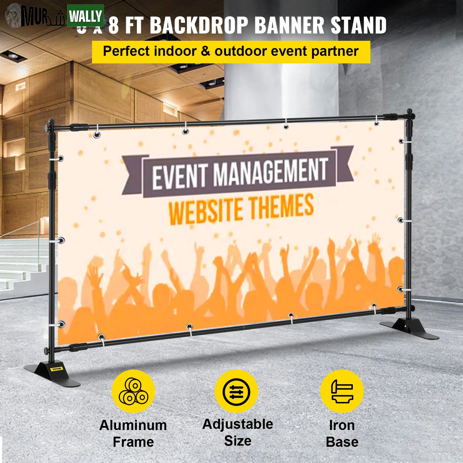 VEVOR Telescopic Backdrop Banner Stand 8' X 8' Banner Stand Adjustable Step and Repeat Backdrop Banner Stand Retractable Banner Stand with Carrying Bag (8 Ft)