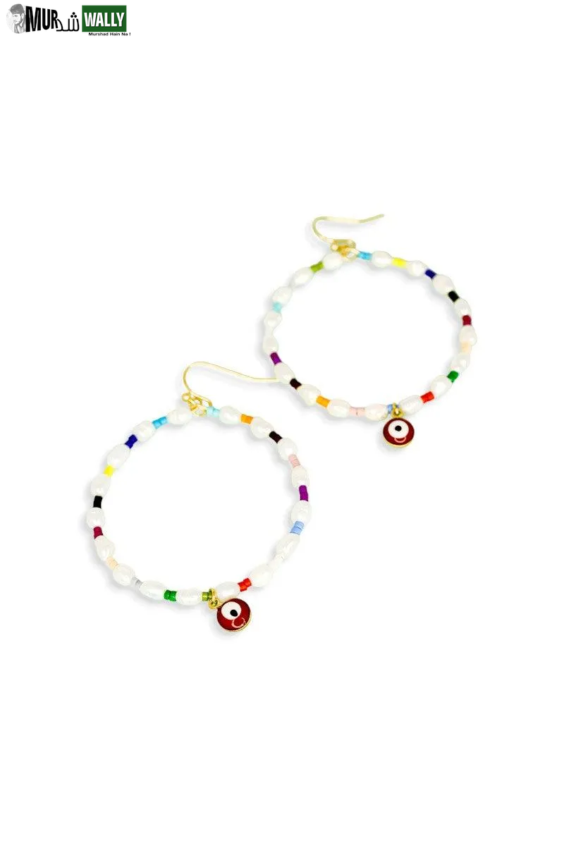 Evil Eye Stone Pearl with Seed Beads Metal Hoop Earrings