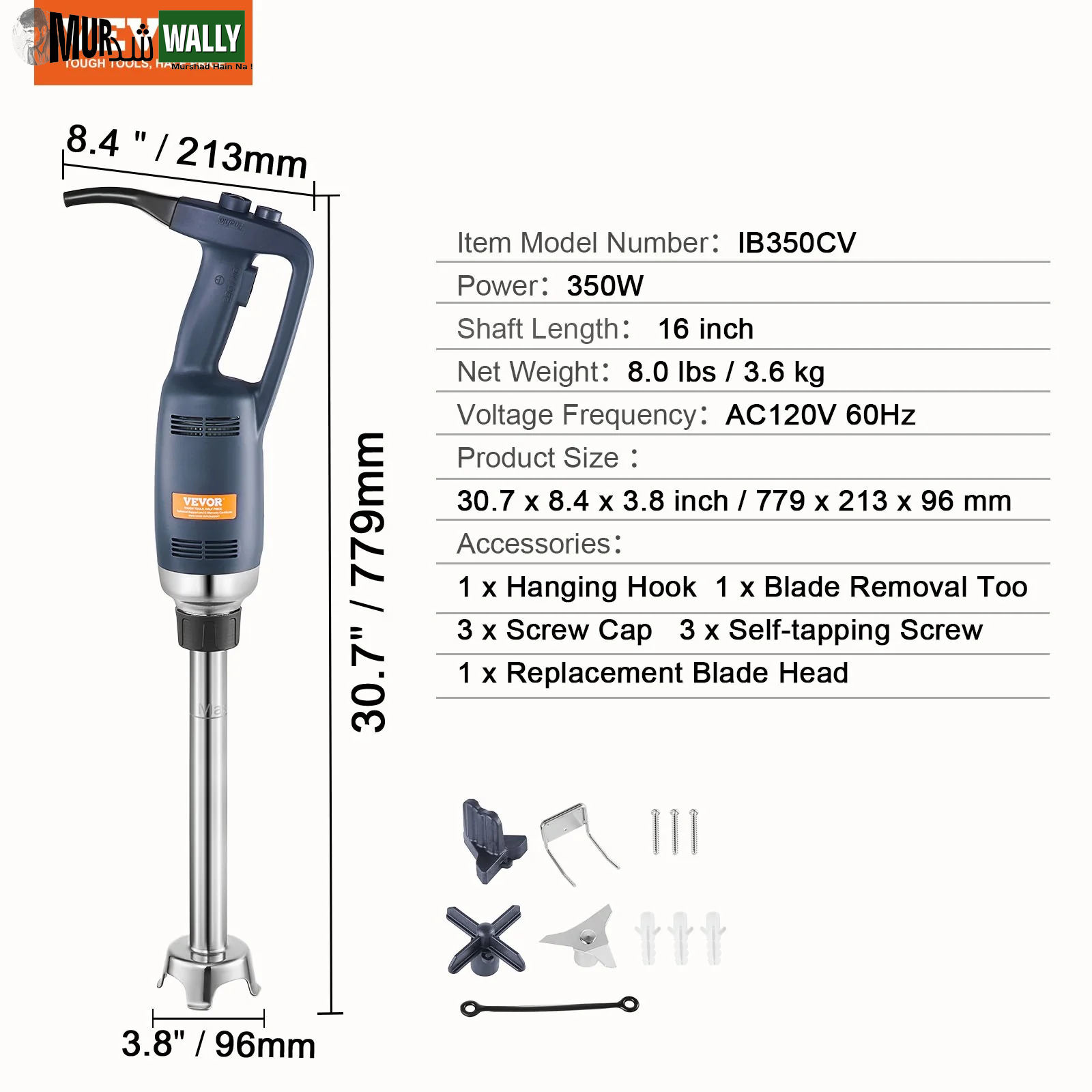VEVOR Commercial Immersion Blender 350W Heavy Duty Hand Mixer for Soup Sauces