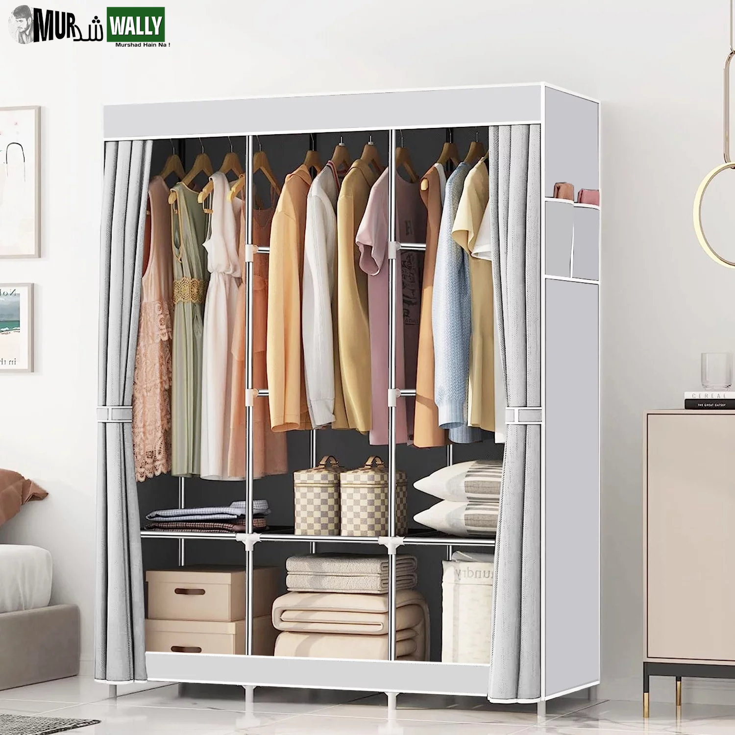 Portable Closet,Portable Wardrobe Closet Storage with 3 Hanging Rods,6 Storage Shelves,Side Pocket for Clothes Storage Organizer,Gray