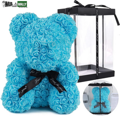 Blue Artificial Rose Flowers Bear 10 Inch Wedding Party Decoration Gift Box