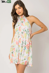 Sleeveless Halter Neck Shirring Floral Print Mini Dress