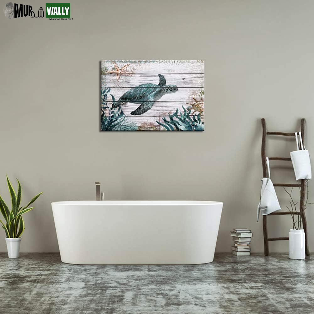 Sea Turtle Bathroom Wall Decor Green Pictures Artwork Painting Ocean Decor"16X24" Canvas Prints Nautical Bathroom Art Pictures Canvas Wall Art Decor Canvas Framed Prints Bedroom Ready to Hang