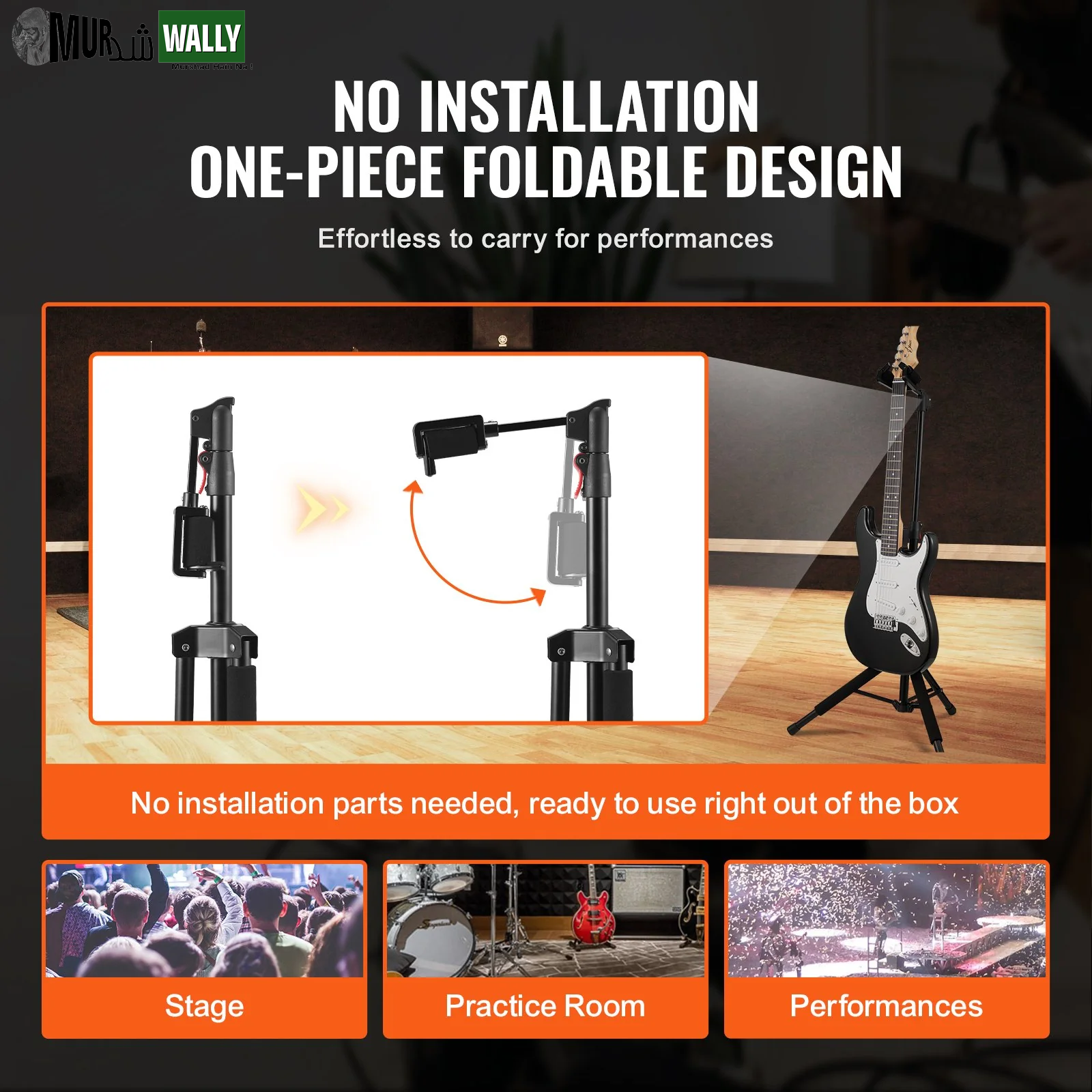 VEVOR Tripod Guitar Stand Floor-Standing Foldable 35.4-47.2 in Adjustable Height