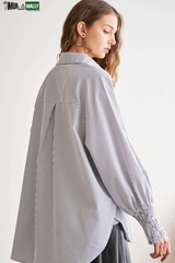 ADORA High-Low Striped Button down Smocked Lantern Sleeve Shirt