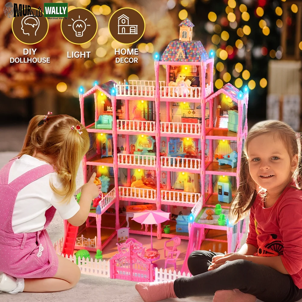 Doll House for Girls, 5-Story 19 Rooms Huge Dollhouse Playset with LED Lights, 2 Dolls, Furnitures, Accessories, DIY Pretend Play House Toys Gifts for Kids, Pink
