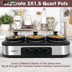 Triple Slow Cooker, 3X1.5 Quart Electric Slow Cooker Buffet Server, Food Warmer Cooking Pot, Adjustable Temp Removable Ceramic Pots Lid Rests