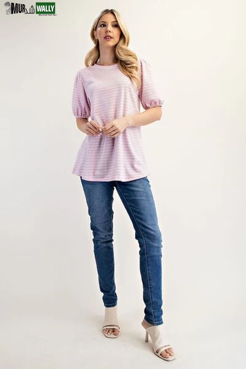 Celeste Full Size Gingham Print Top with Puff Sleeves plus Size