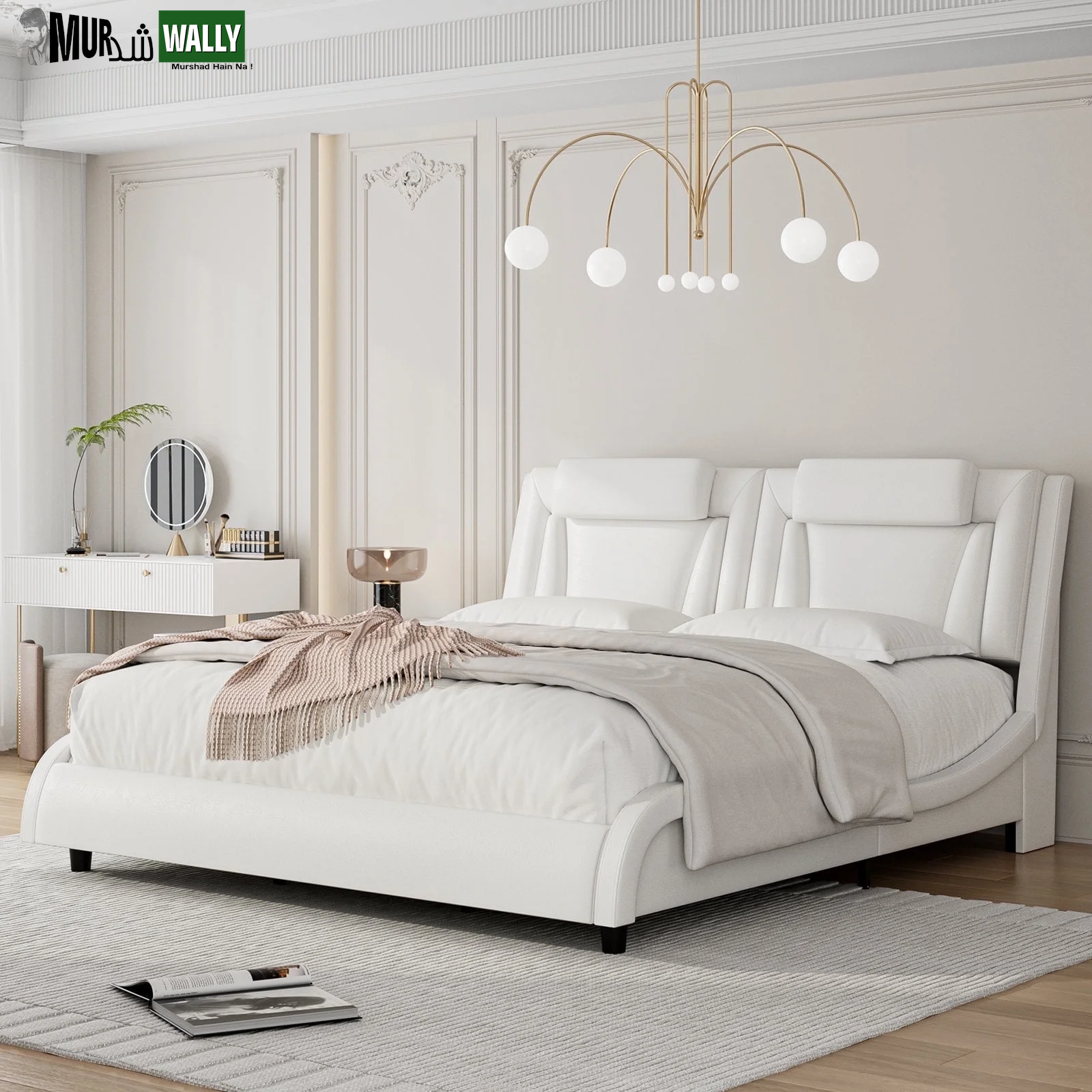 King Size LED Bed Frame, PU Leather Upholstered Curved Platform Bed Frame with Adjustable Headboard, Black