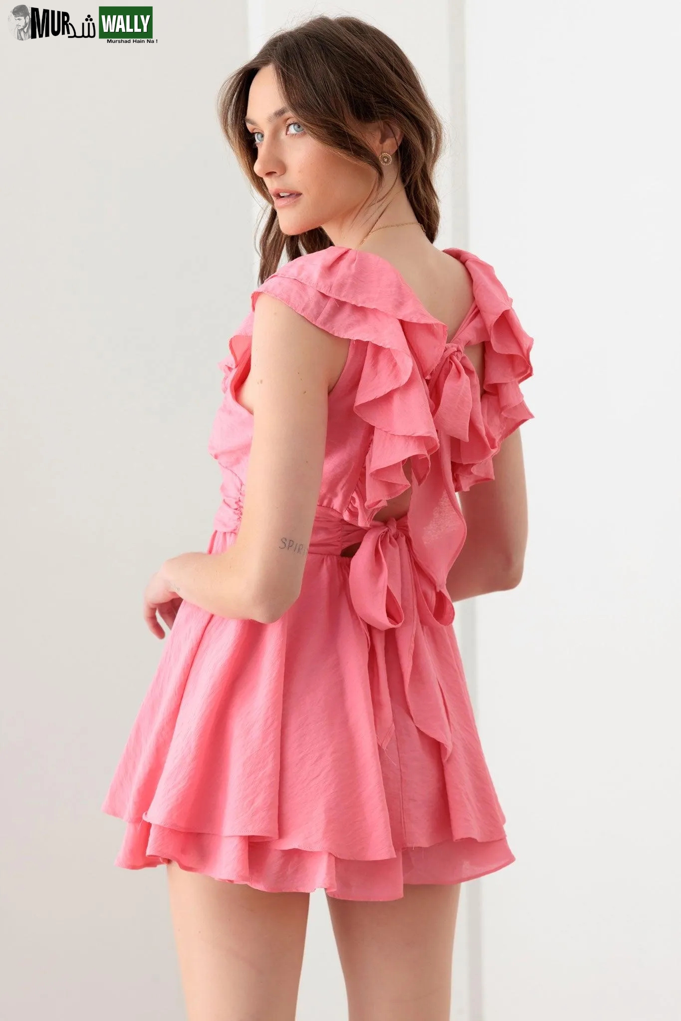 Doll Pink Ruffle Detail Front Button Romper Mini Dress