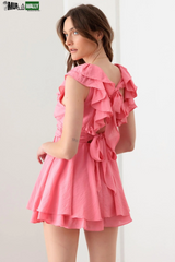 Doll Pink Ruffle Detail Front Button Romper Mini Dress