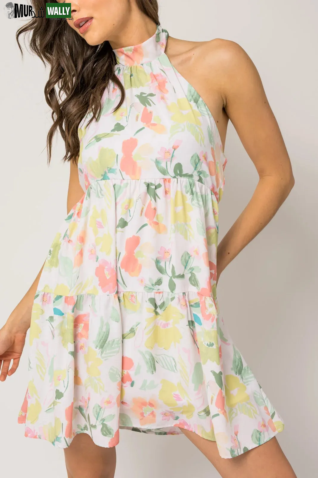 Sleeveless Halter Neck Shirring Floral Print Mini Dress