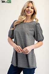 Celeste Full Size Gingham Print Top with Puff Sleeves plus Size