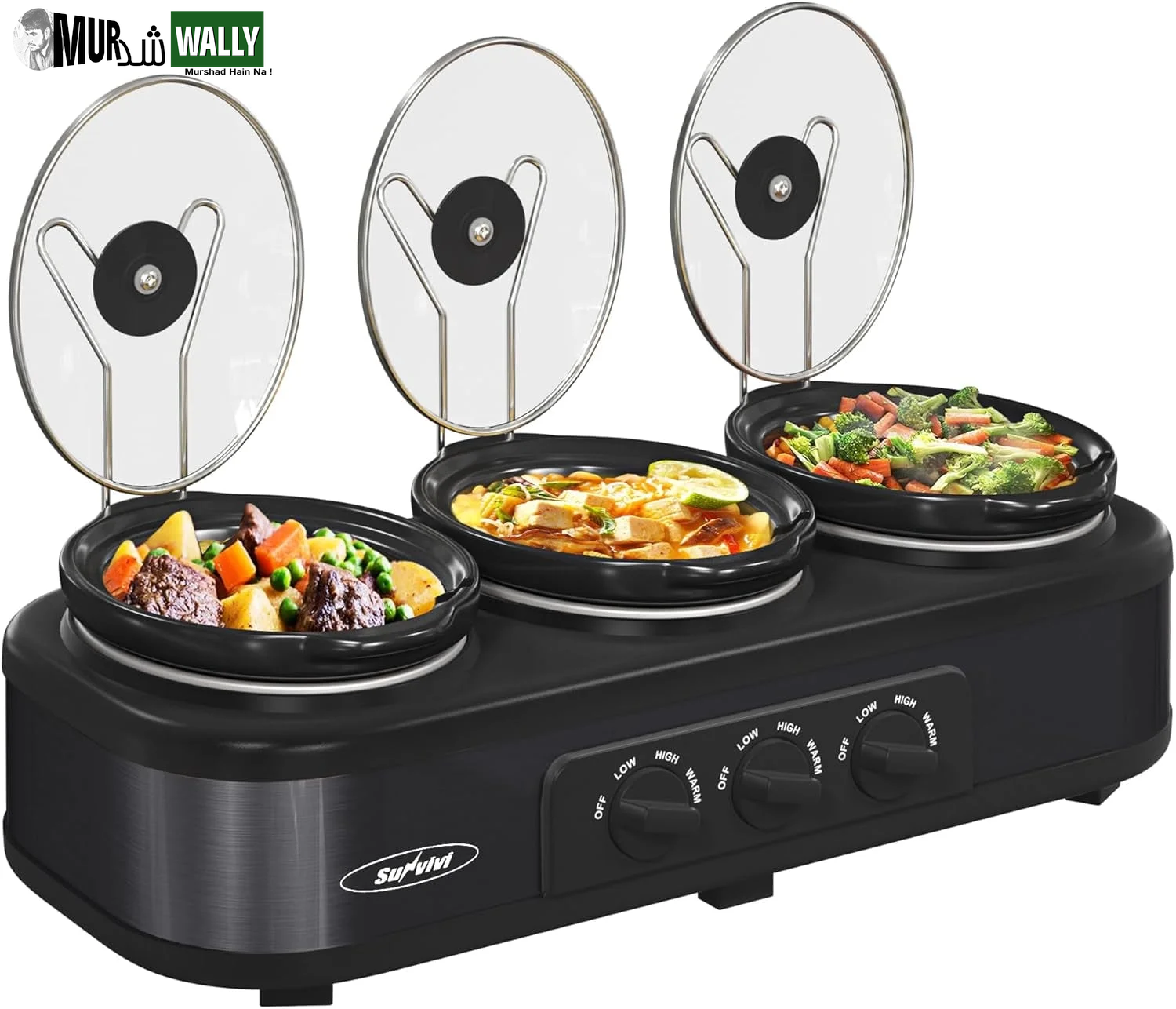 Triple Slow Cooker, 3X1.5 Quart Electric Slow Cooker Buffet Server, Food Warmer Cooking Pot, Adjustable Temp Removable Ceramic Pots Lid Rests