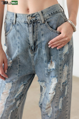 Light Blue Wash Barrel Leg High Waist Distressed Jeans