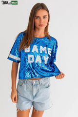 "Game Day" Sequins Cropped Short Sleeve Top