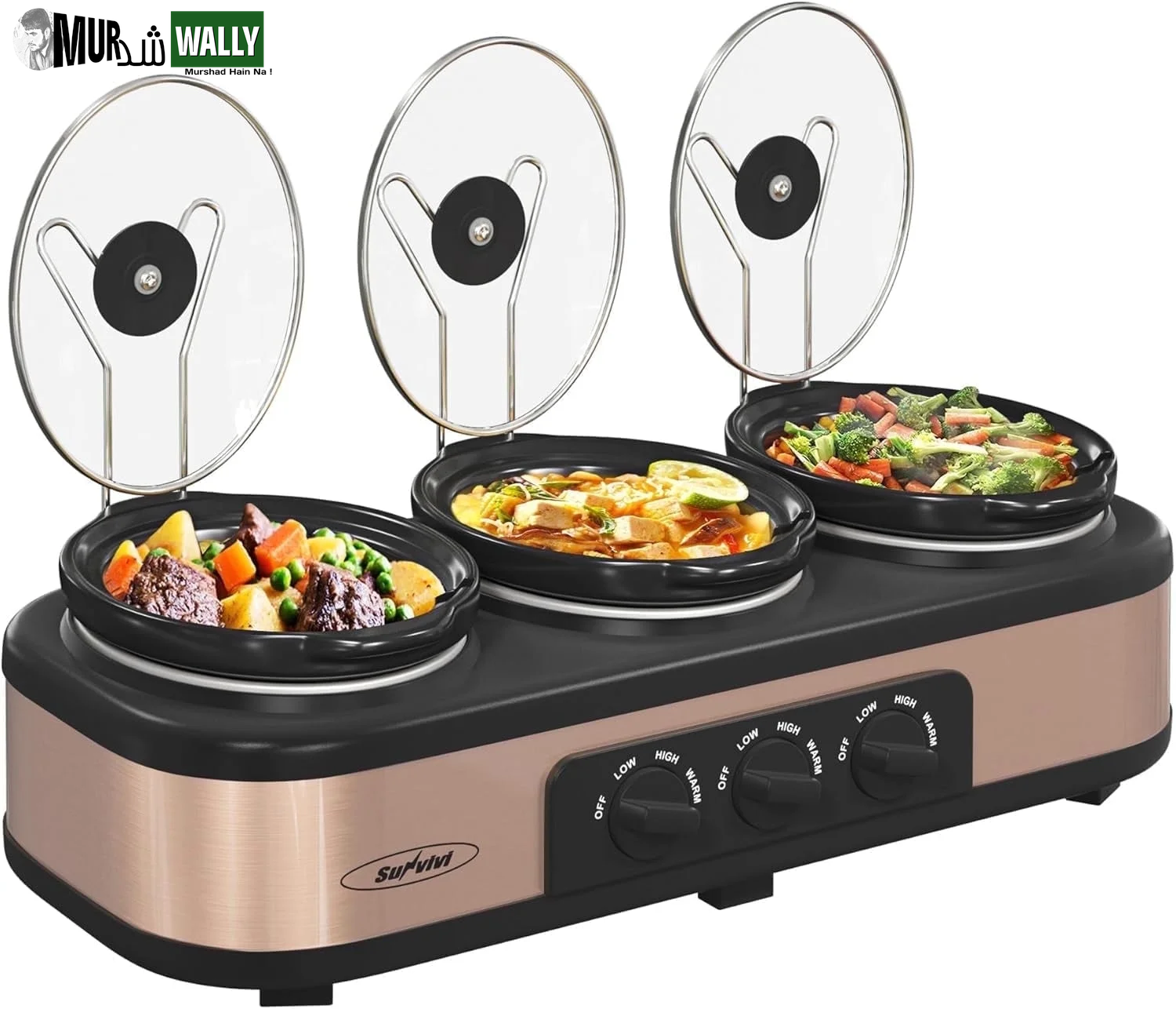Triple Slow Cooker, 3X1.5 Quart Electric Slow Cooker Buffet Server, Food Warmer Cooking Pot, Adjustable Temp Removable Ceramic Pots Lid Rests