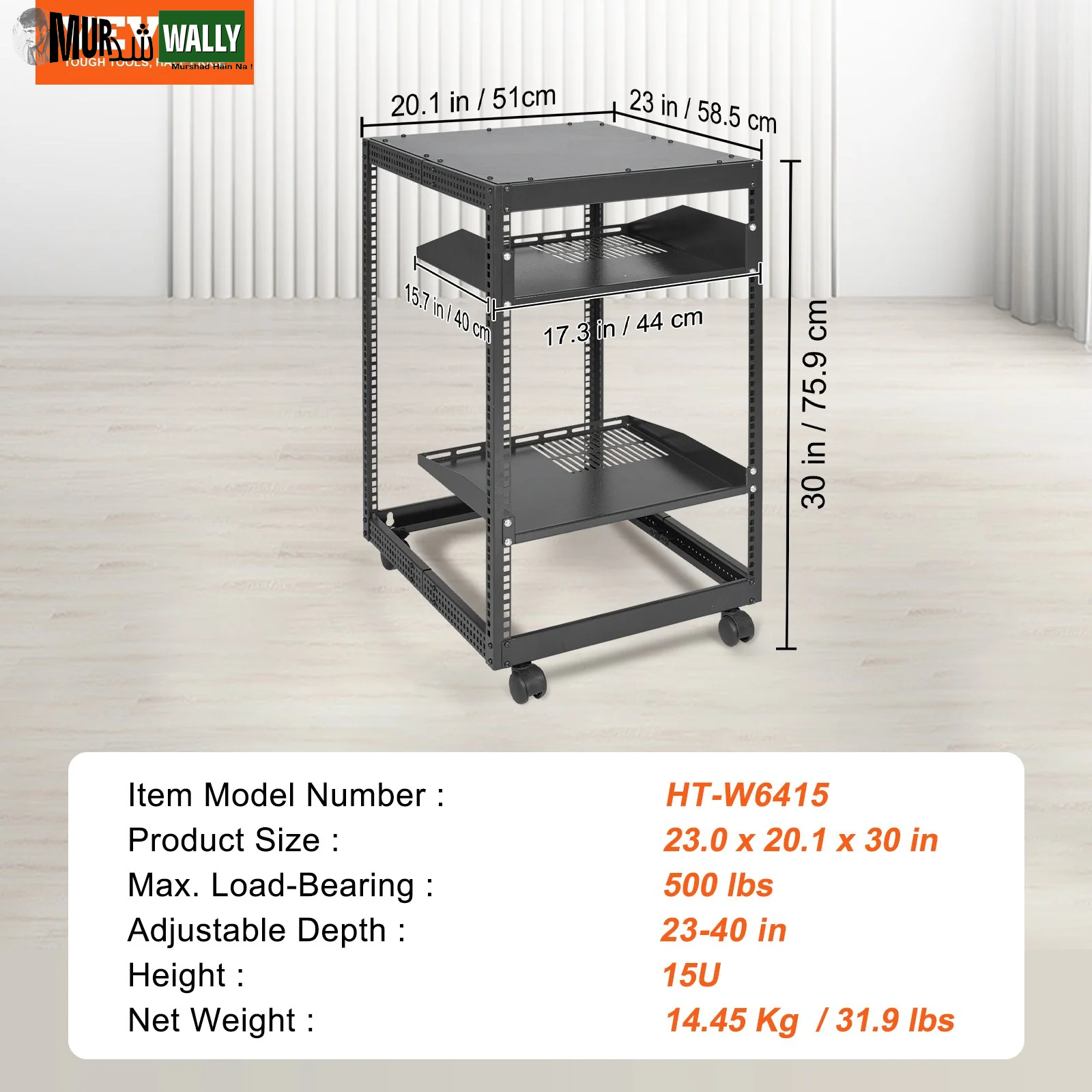 VEVOR 15U Open Frame Server Rack, 23''-40'' Adjustable Depth, Free Standing or Wall Mount Network Server Rack, 4 Post AV Rack with Casters, Holds All Your Networking IT Equipment AV Gear Router Modem